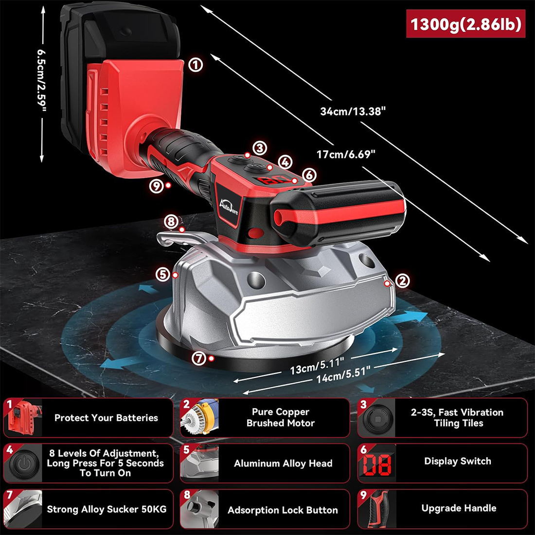 Tile Vibration Leveling Machine for Milwaukee 18V Battery,Suction Cup 8-speeds
