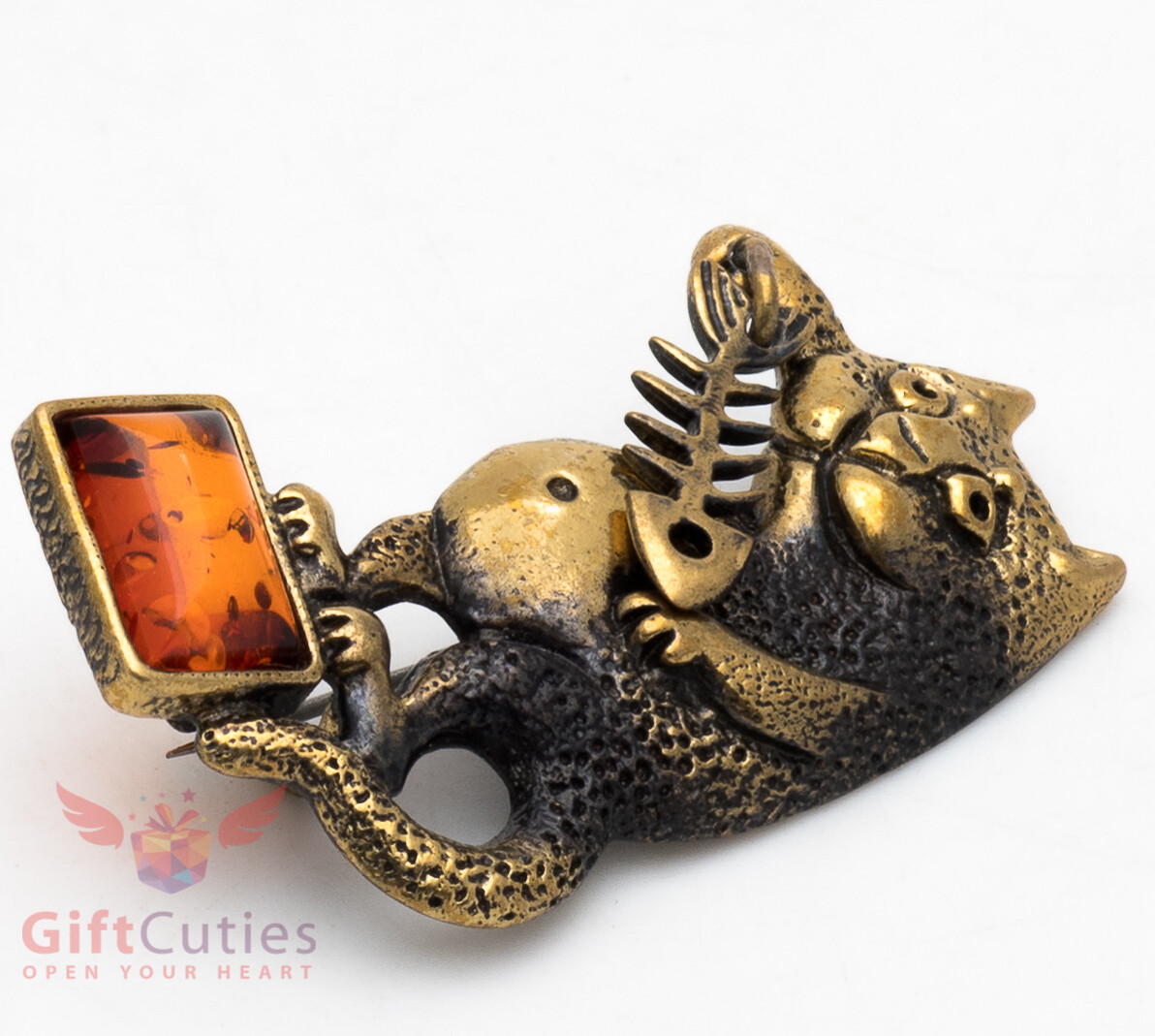 Brass Amber Full belly cat with fish bone Brooch IronWork