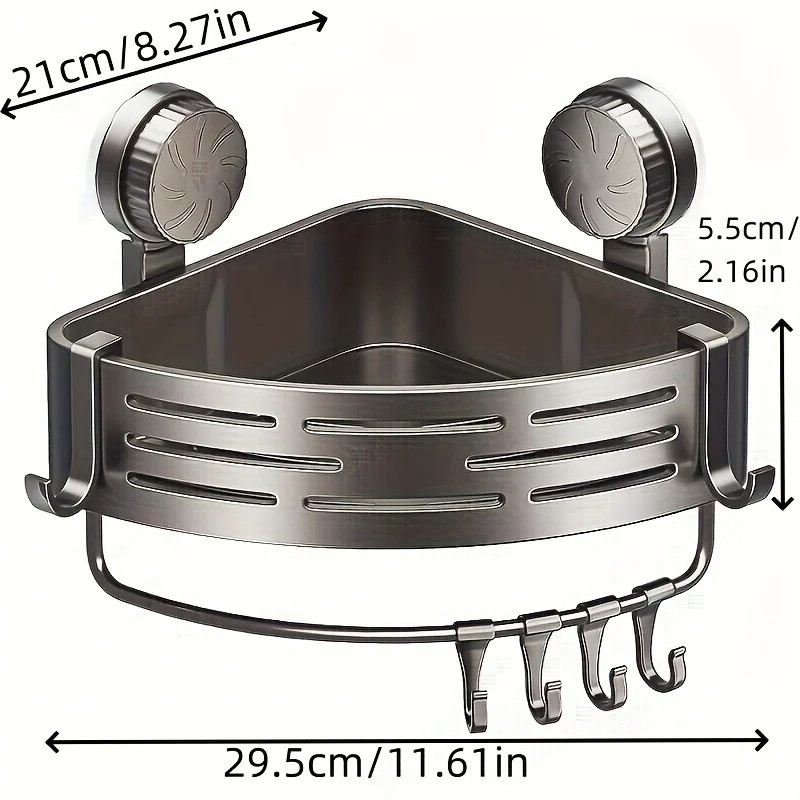 Corner Shower Shelf with Suction Cup – No Drill Bathroom Storage Rack with Hooks