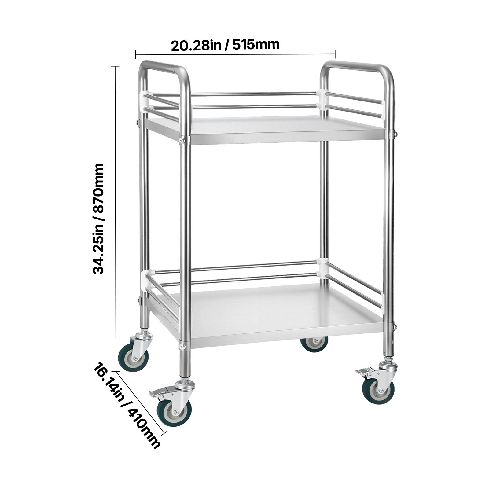 Uimoso Stainless Steel 2-Tier Rolling Lab Utility Cart Medical Lockable Wheels