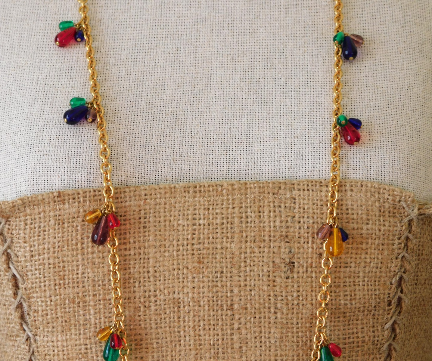 Vintage JOAN RIVERS Dangle Charm Necklace w/ Jewel Tone Teardrop Glass Beads