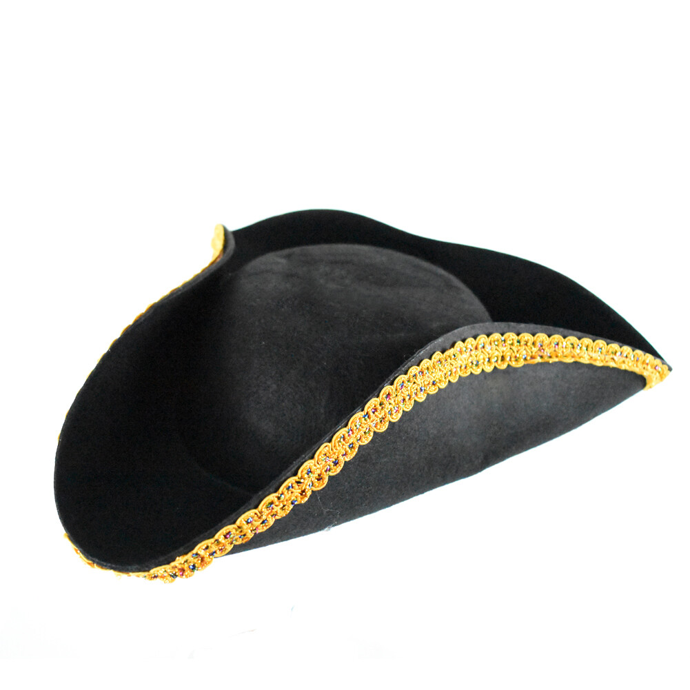 Black & Gold Tricorne Hat Colonial Pirate Costume Hat ADULT