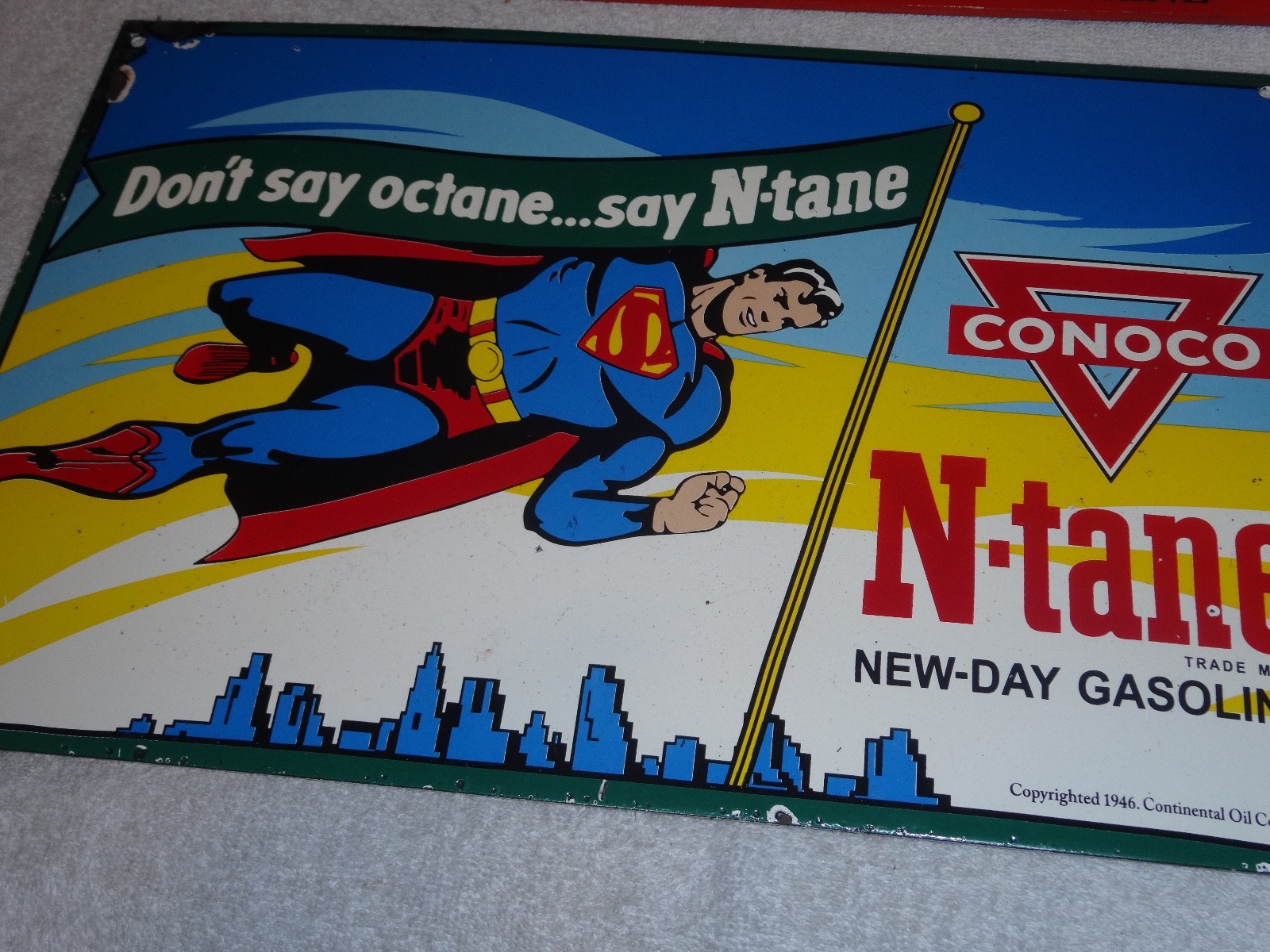 VINTAGE 1946 CONOCO N-TANE SUPERMAN GASOLINE 16" PORCELAIN METAL COMIC BOOK SIGN