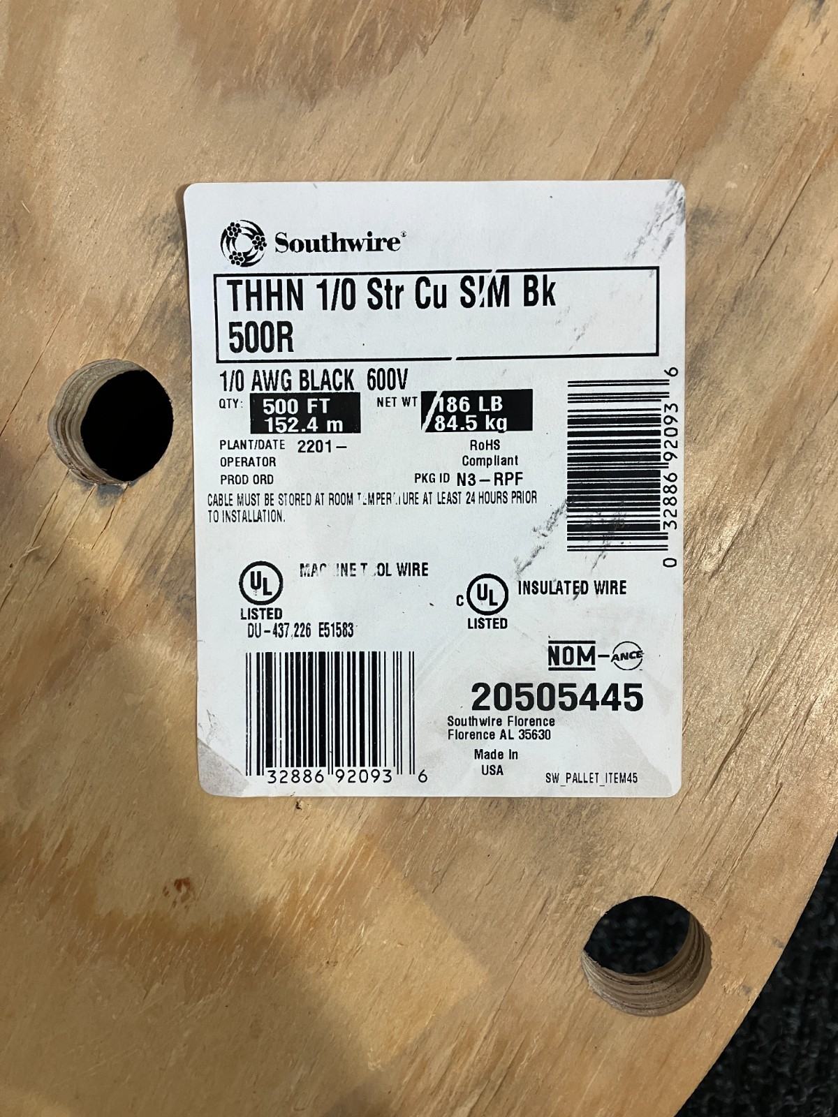 1/0 AWG Southwire THHN Stranded Copper Wire Black - $3.99 per foot