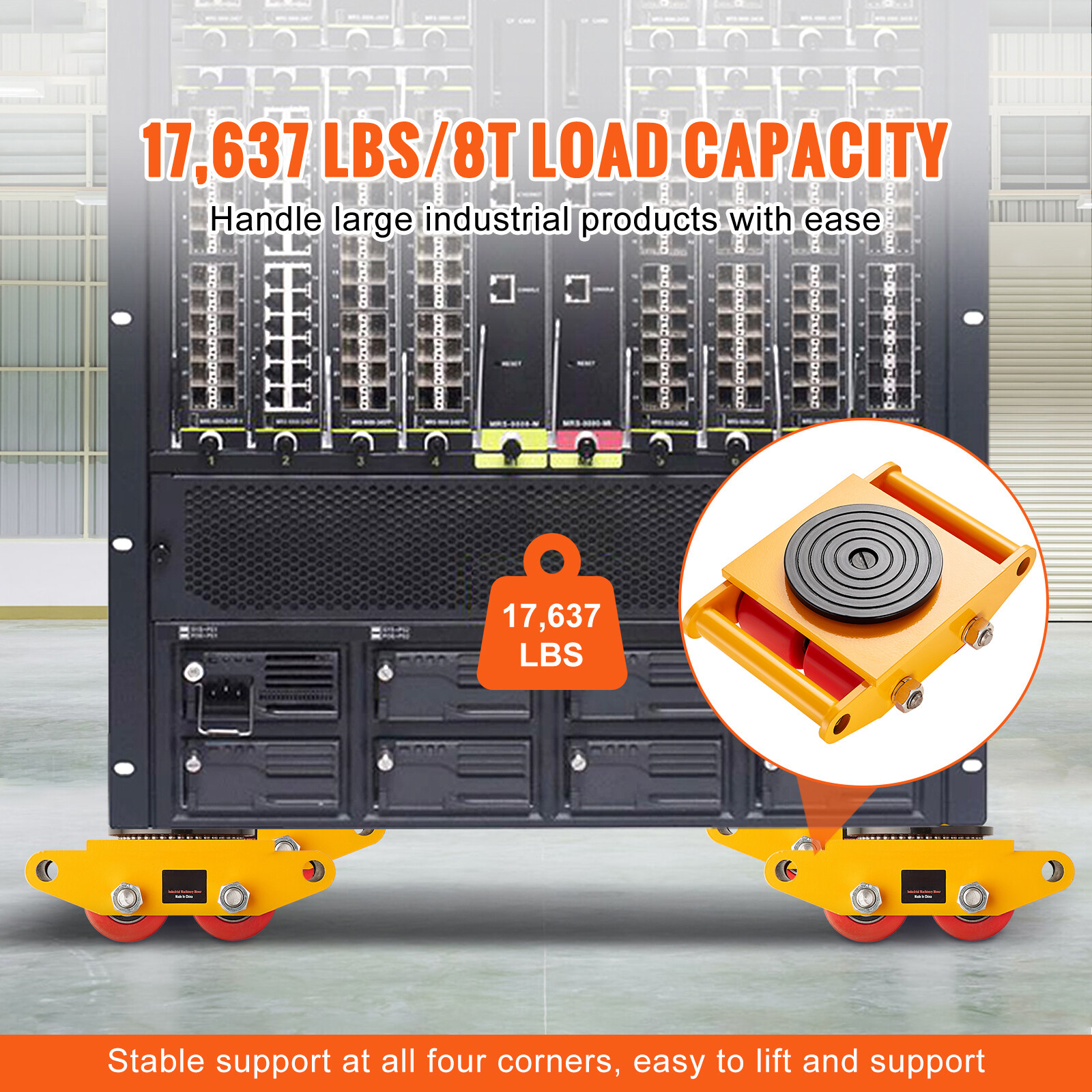 4PCS 17637LBS/8T Machinery Skate Dolly Machinery Mover Loading 4 PU Wheels