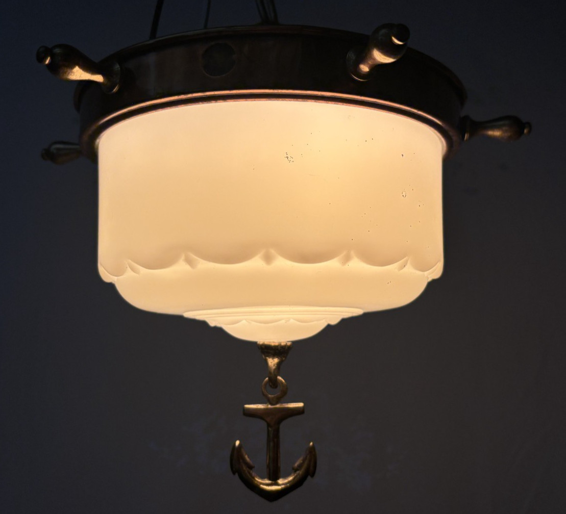 Vtg Nautical Light Fixture MCM Brass Anchor Closet Custard Art Glass Shade #L60