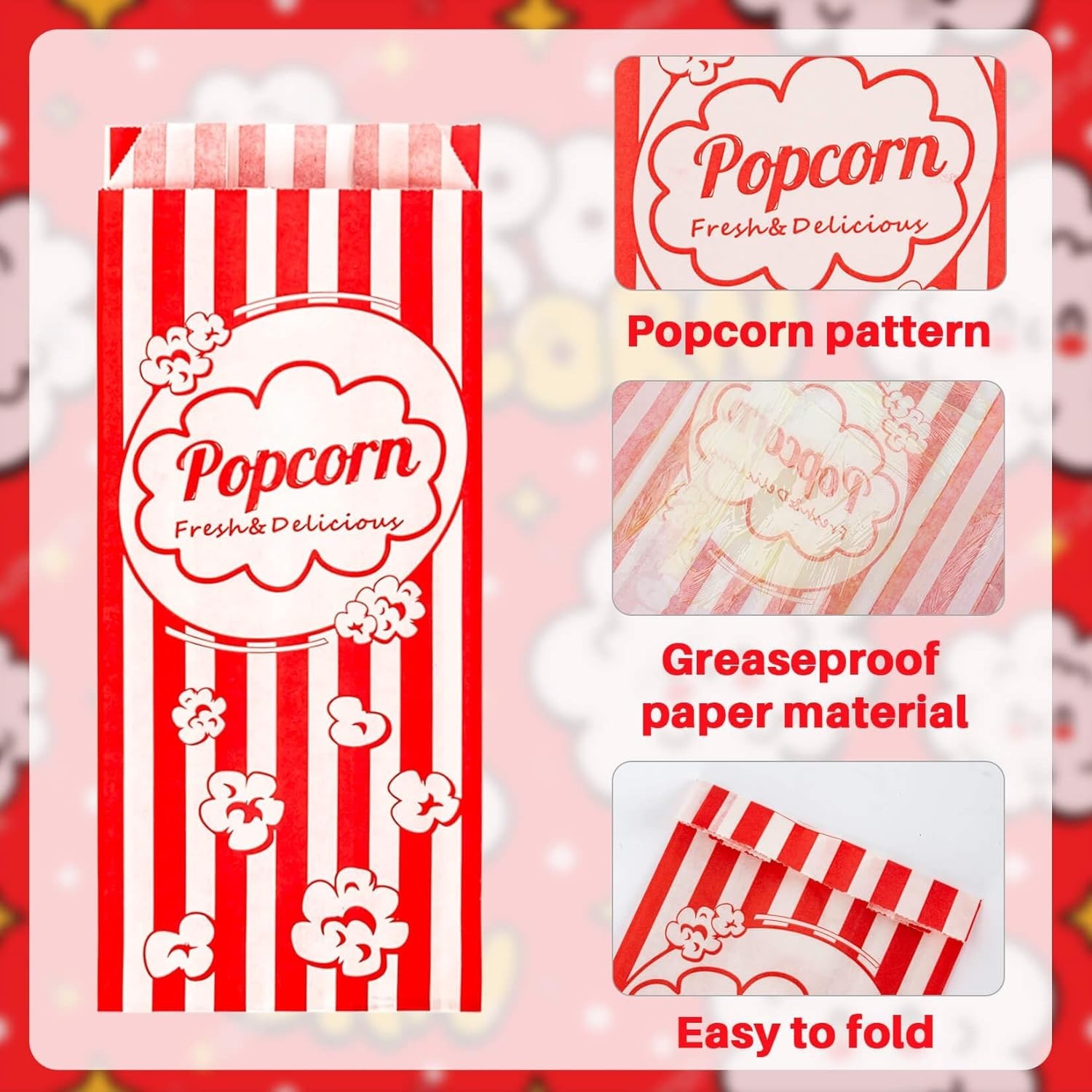 100PCS Popcorn Bags Individual Servings - MAQIHAN Disposable Paper Popcorn...