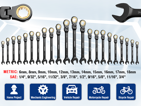 22-piece Ratcheting Wrench Set w/180° Flex Head, Anti-Slip Tooth w/Organizer Box