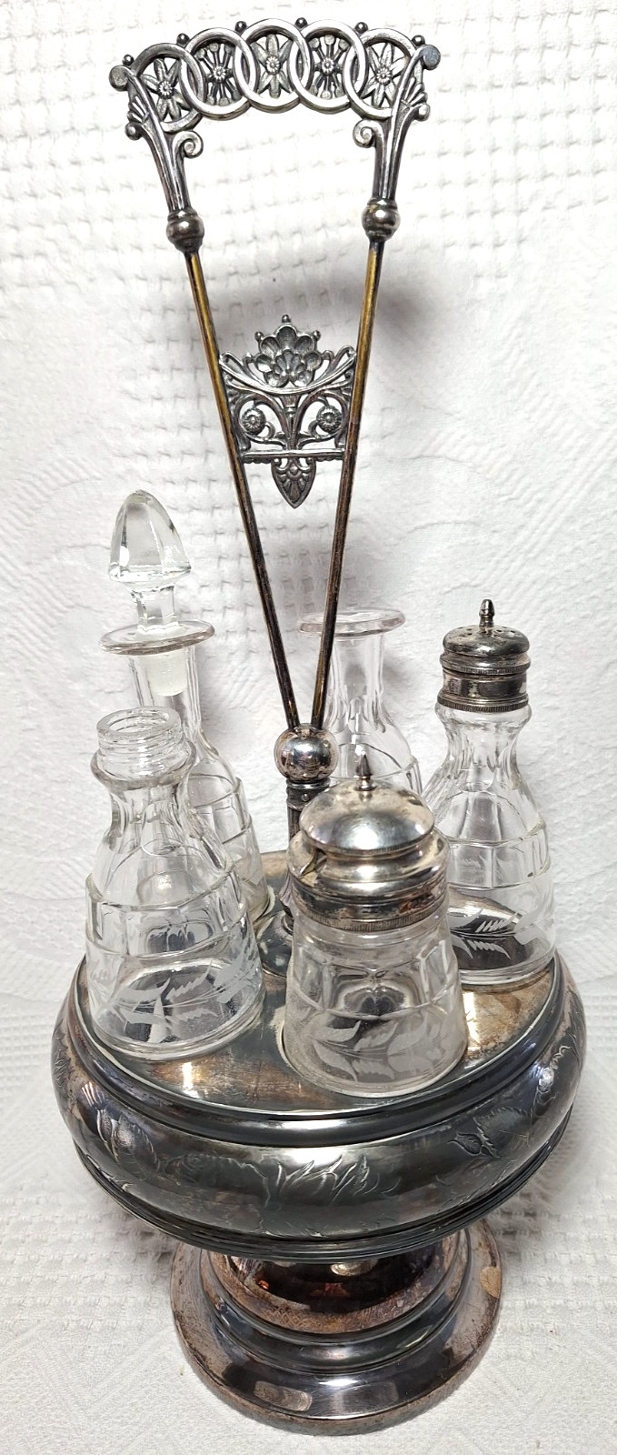 Antique Cruet Set Silver Plate Victorian 5 Etched Bottles Eastlake Design GS