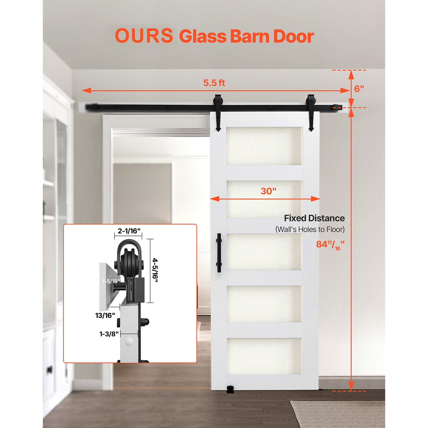 Uimoso Sliding Barn Door with Hardware Kit 30 x 84 in, MDF Panel & Frosted Glass