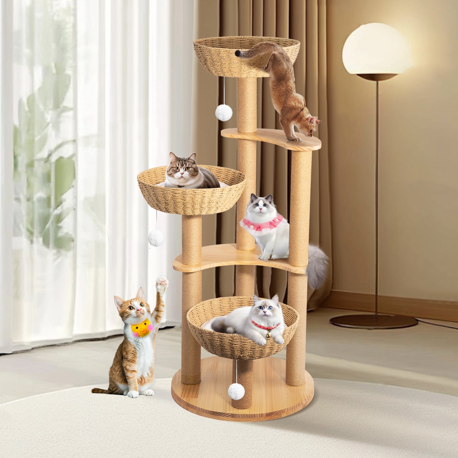 54inch Modern Oak Wood Cat Tree Tower for Indoor Large Cats with White Cloud Mat