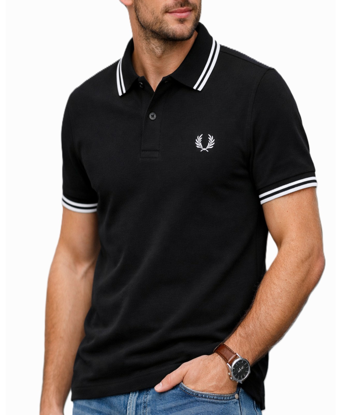 NWT - Fred Perry M3600 Twin Tipped Polo Shirt - BLACK/WHITE - Size : L - XXL