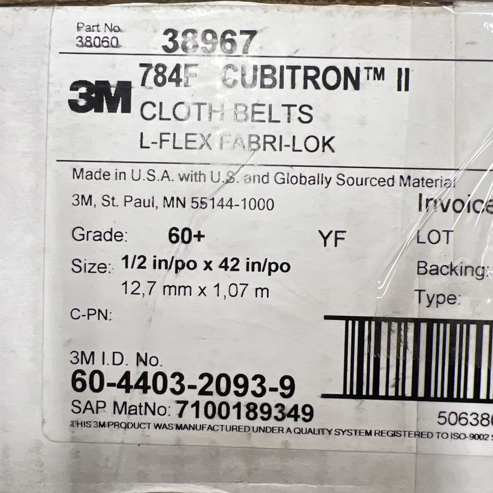 3M Cubitron ll Cloth Belt 784F, 1/2 in x 42 in, 60+ YF-weight, L-Flex, 200 Case