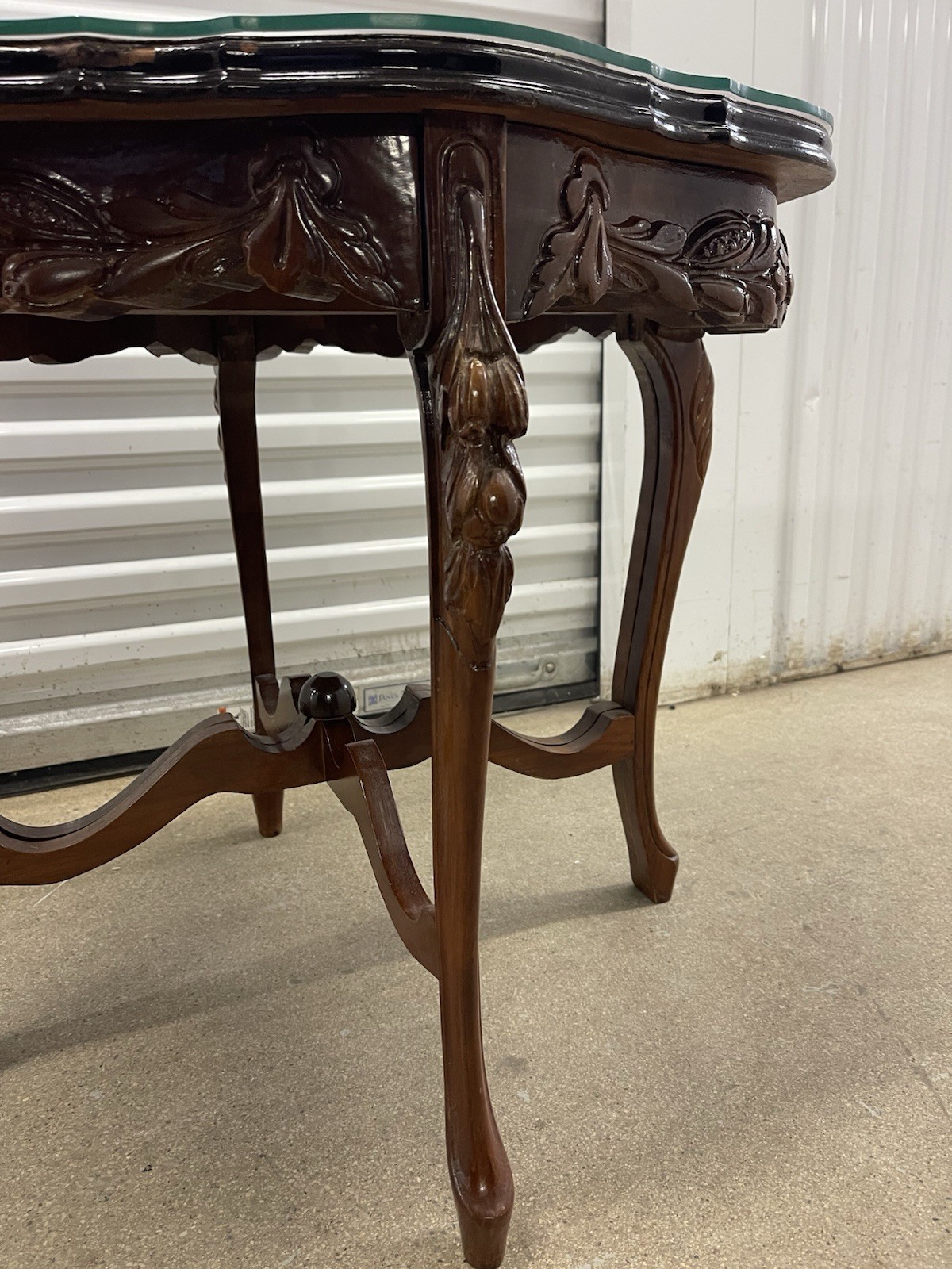 Vintage French Neoclassical Inlaid Marquetry Wood Side Table Ornate Legs Glass
