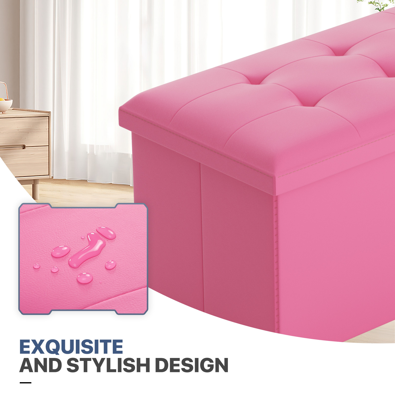 30" Dark Pink Folding Storage Ottoman Foot Stool Bench Chest w/Flipping Lid