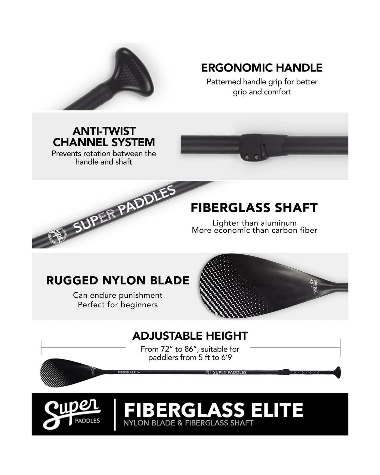 SUP Paddle - Carbon Fiber & Fiberglass Paddles - 3 Piece Adjustable Paddle Bo...