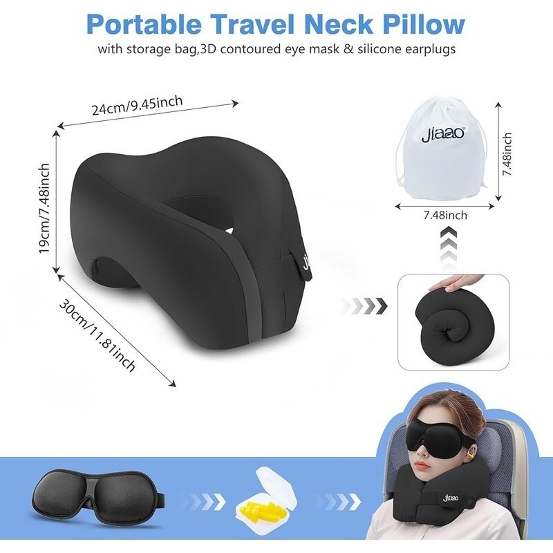 Travel Neck Pillow Memory Foam Adjustable Support Eye Mask Ear Plugs Bag New