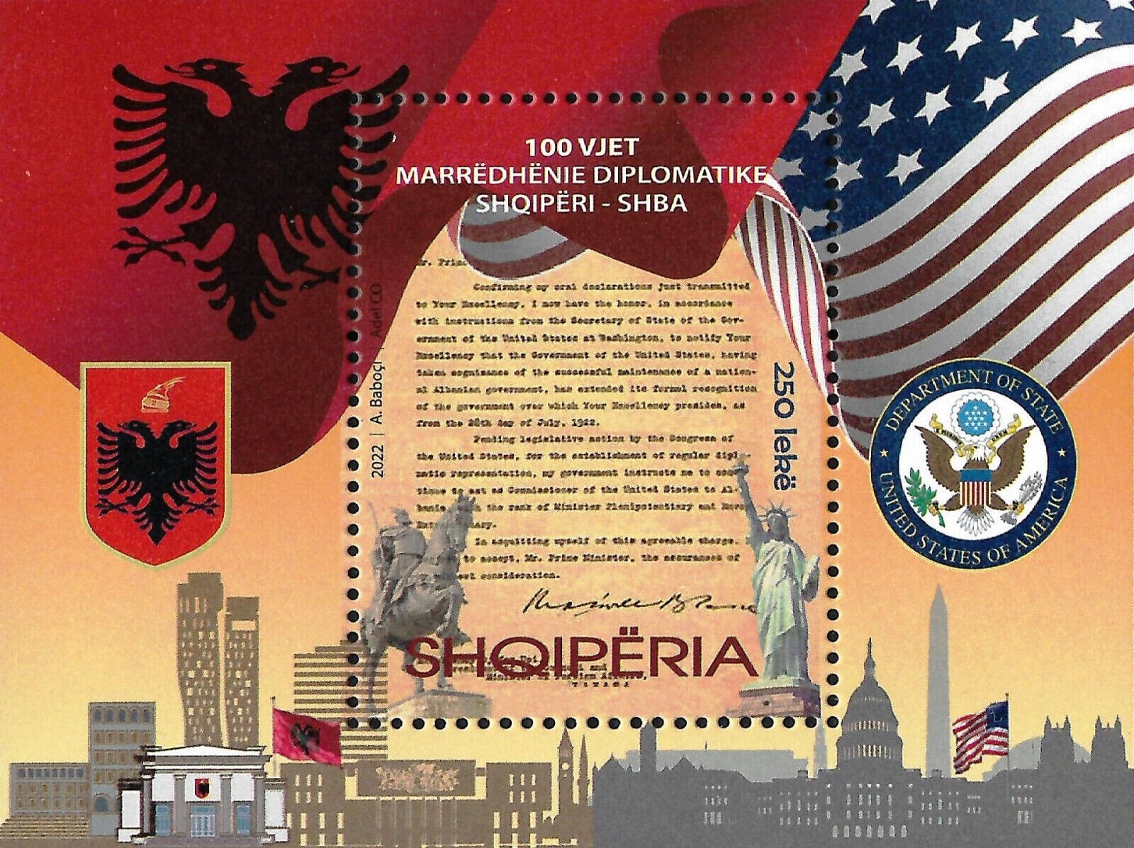 2022 - 2023 "100 years of Albania - U.S.A Diplomatic Relations" MNH