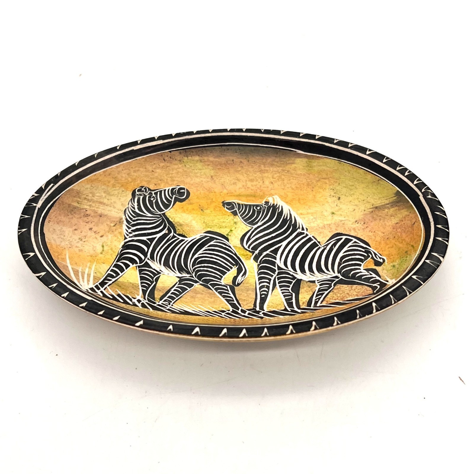 Zebra Oval Trinket Dish Hand Carved Painted Wood Africa Safari Theme Home Decor