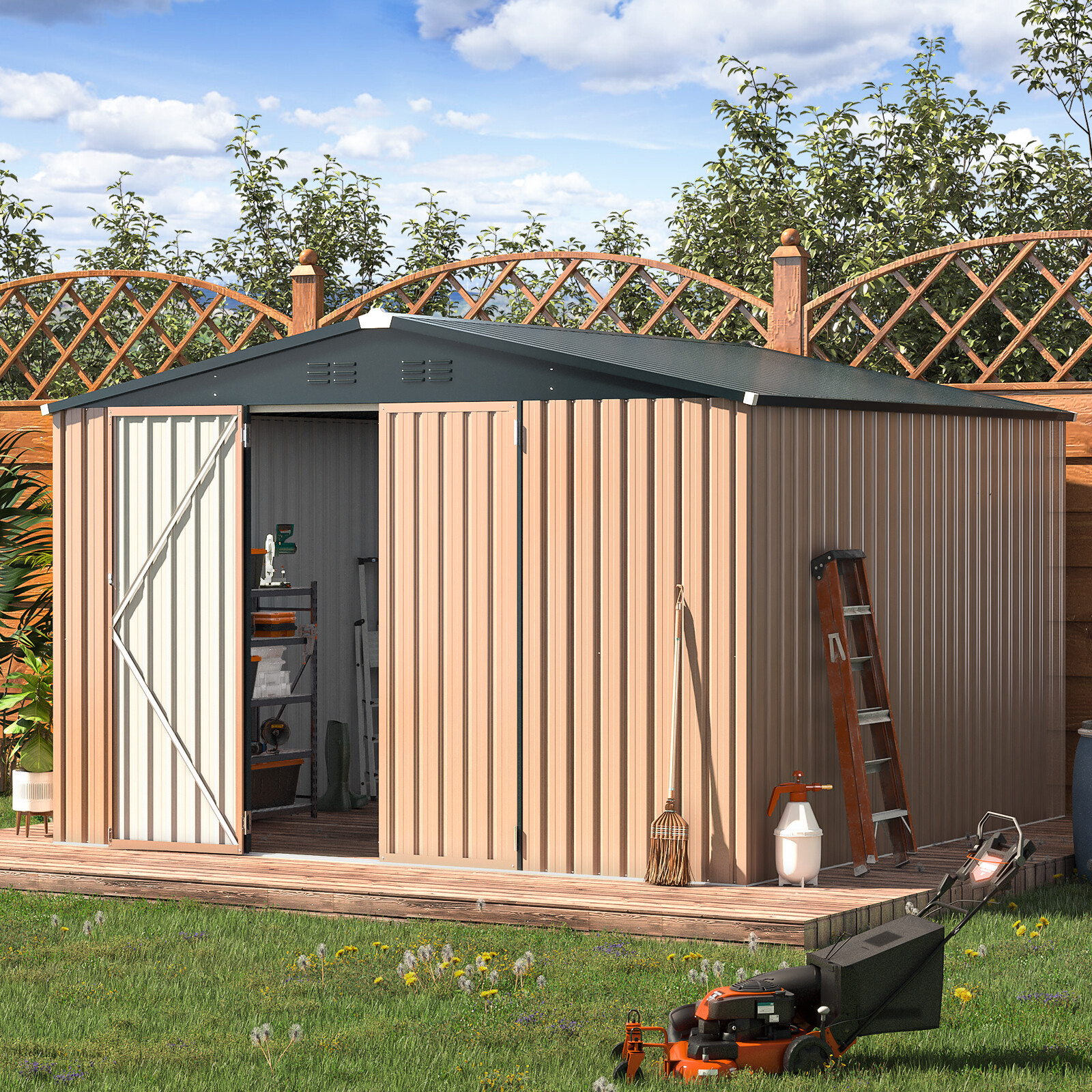 AECOJOY 4'x6'/ 6'x8' Outdoor Metal Storage Shed for Garden Tools Lockable Door