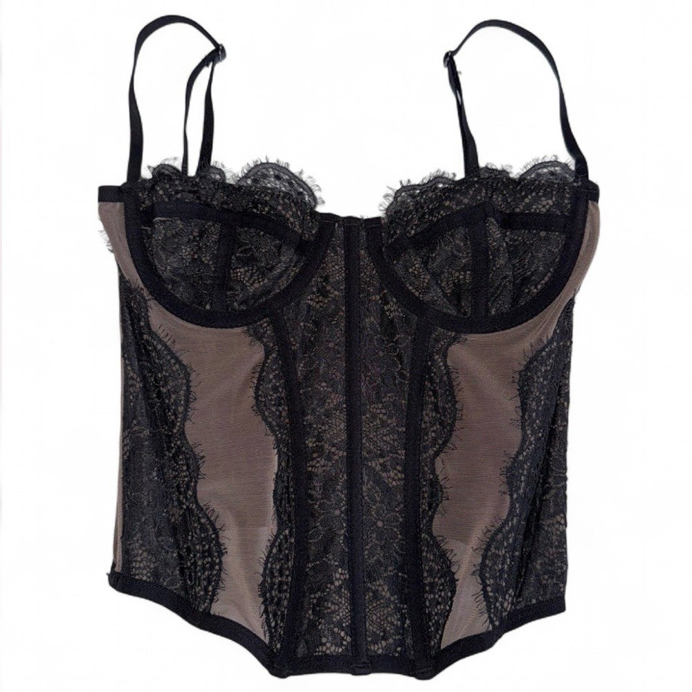 Out From Under Lace Corset Bustier Top Sheer Boned Lingerie Womens Small Black