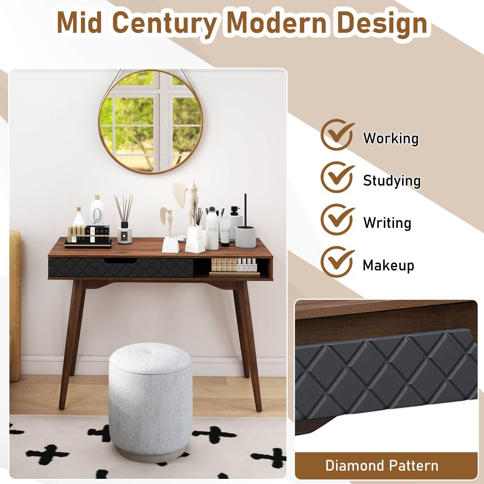 Mid-Century Modern Computer Desk w/ Drawer & Open Compartment,Rubber Wood Legs