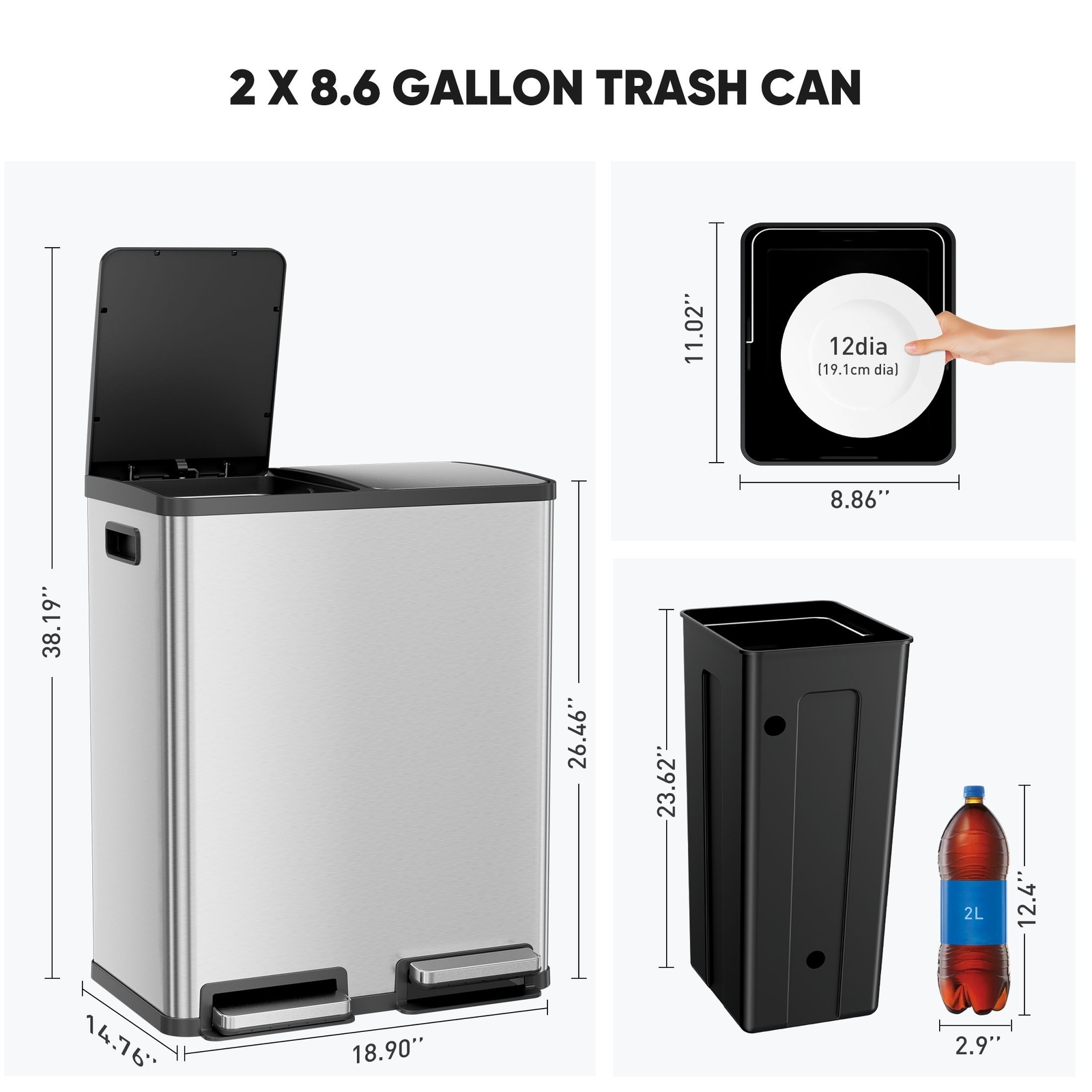 60 Liter Lid Trash Can Large Stainless Waste Bin Compartment Plastic 2x8 Gallon