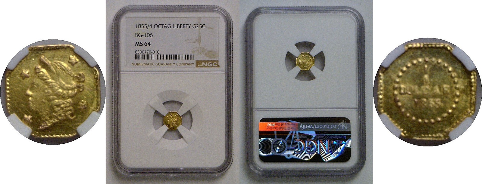 1855/4 25c   California Fractional Gold   BG-106   NGC MS-64