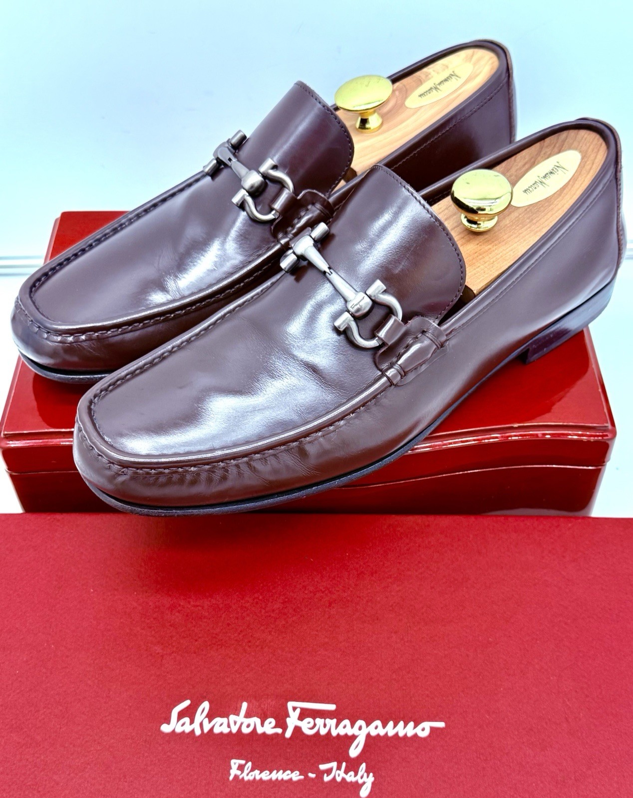 Ferragamo Mens Brown Loafers 9.5 Wide Gancini Horse Bit Leather Luxe Shoes