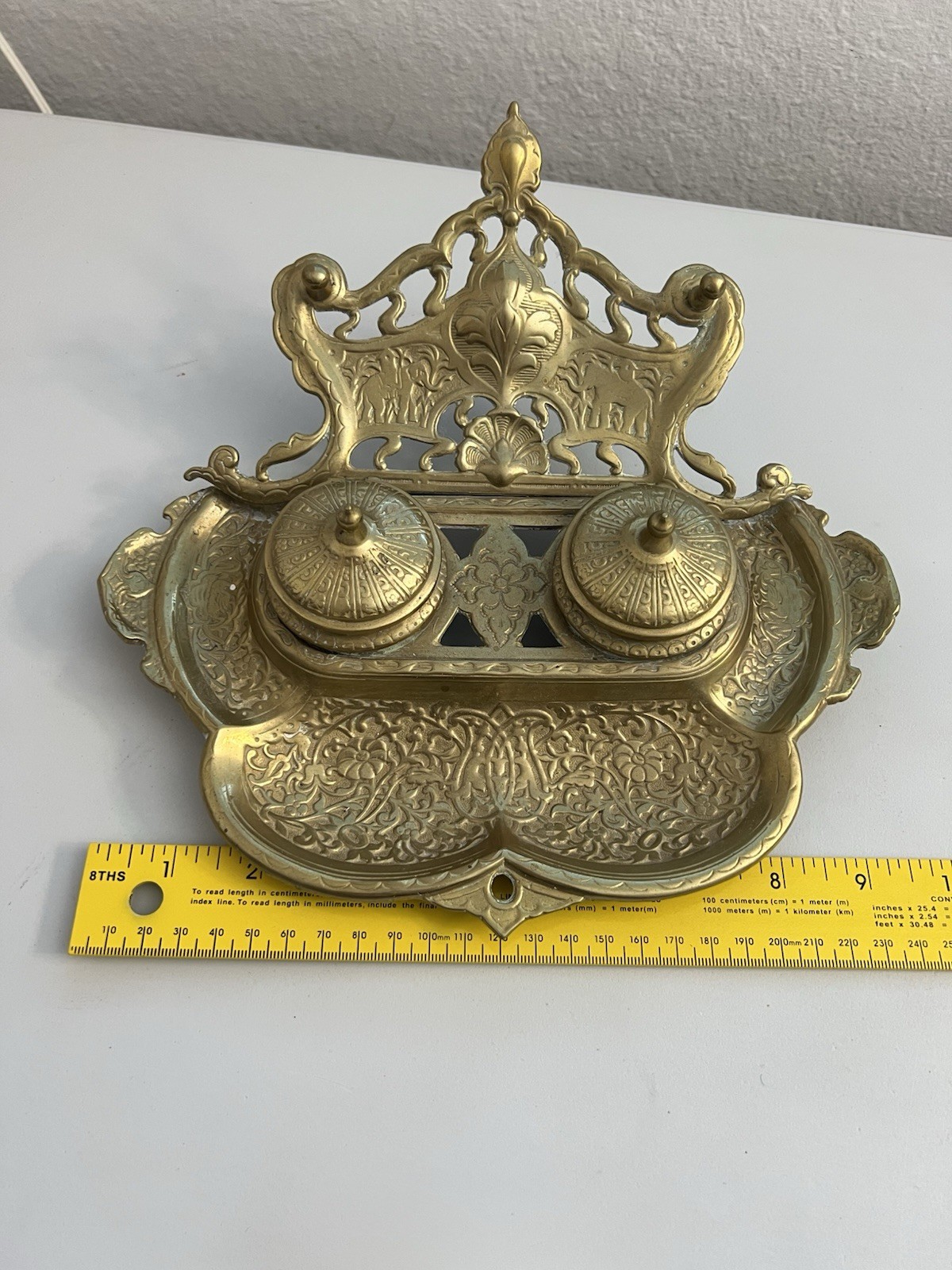 Vintage Gilded Cast Brass Art Nouveau Elephants Ornate Double Inkwell