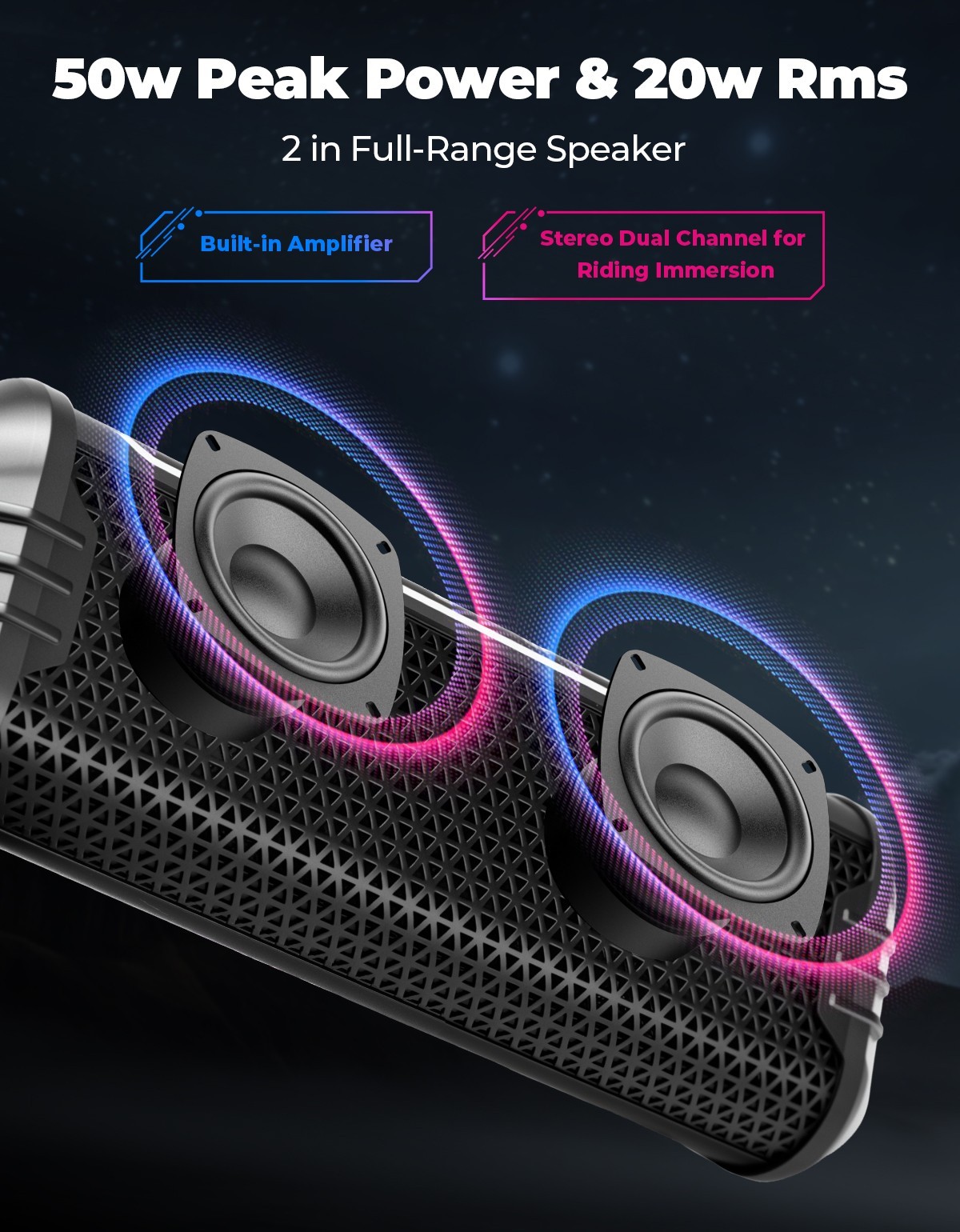 Bluetooth Motorcycle Stereo Speakers Soundbar Audio System 7/8-1.25'' Handlebar