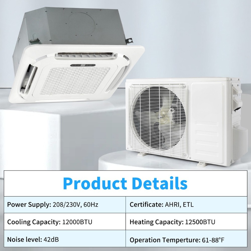12000 BTU 24 SEER2 Ceiling Cassette Ductless Mini Split Air Conditioner w/Heat