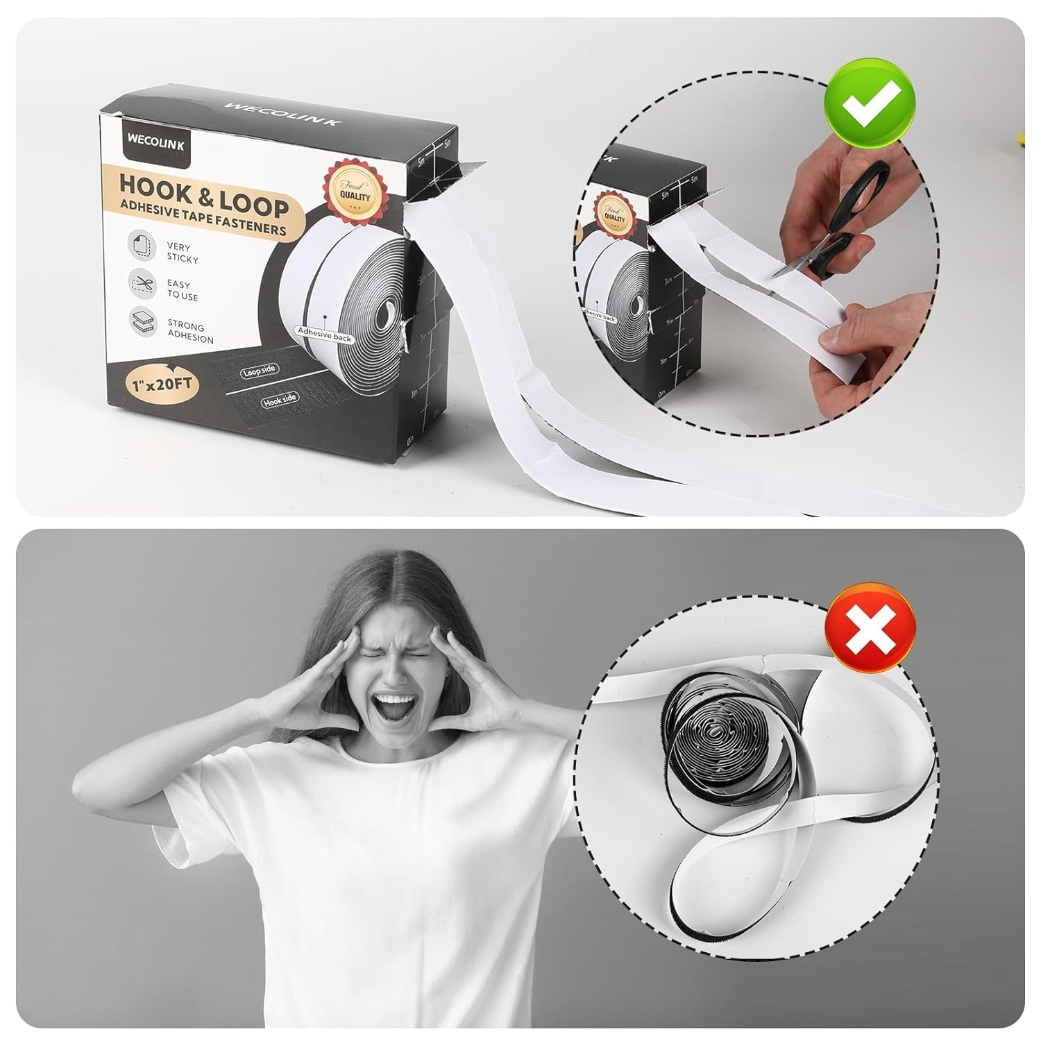 20Ft X 1 Inch Hook and Loop Tape Strips with Adhesive, Heavy Duty Sticky Back