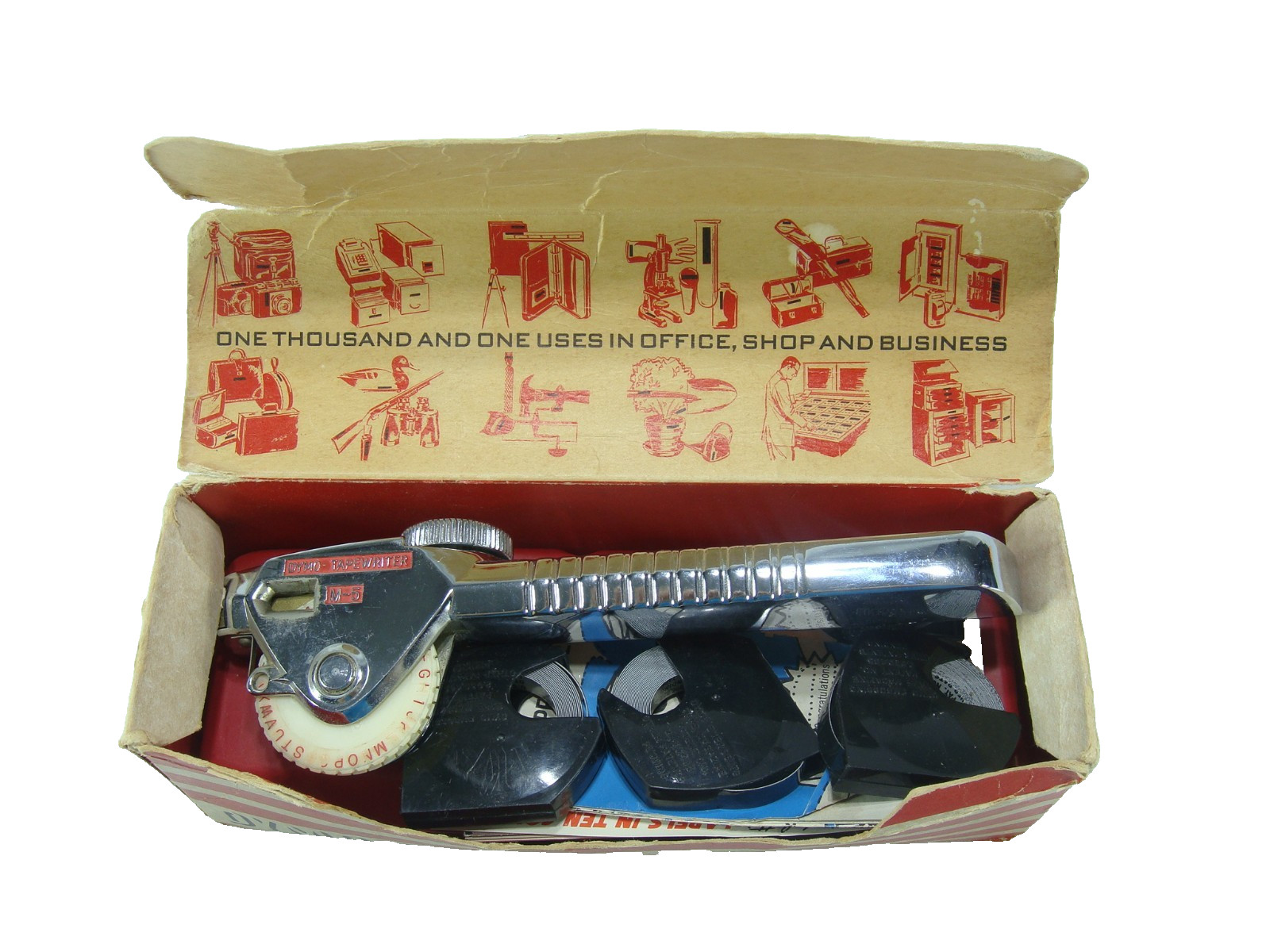 Vintage Dymo M-5 Chrome Tapewriter Label Maker Embossing Tool Extra Tape In Box