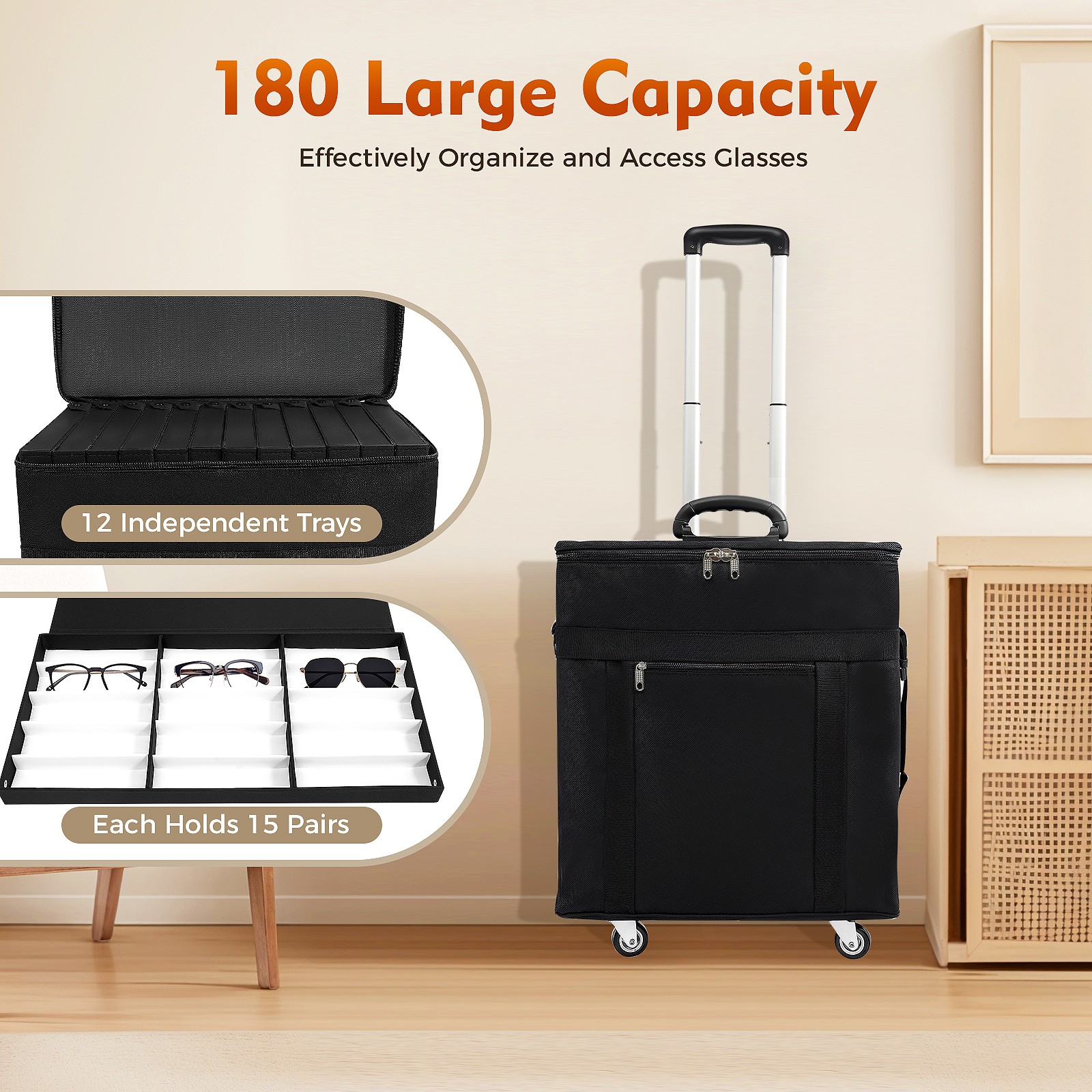 180 Pair Eyeglasses Storage Trolley Optical Frame Bag Box Organizer Display Case