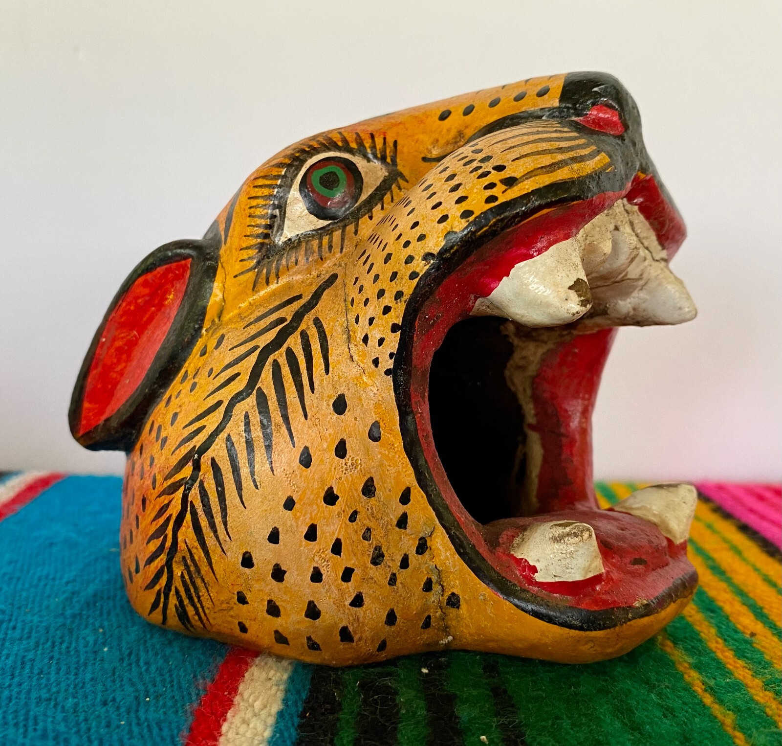 Mexican Folk Art Carved Wood Jaguar Leopard Cat Head Lion Face Mask Guerrero 5"