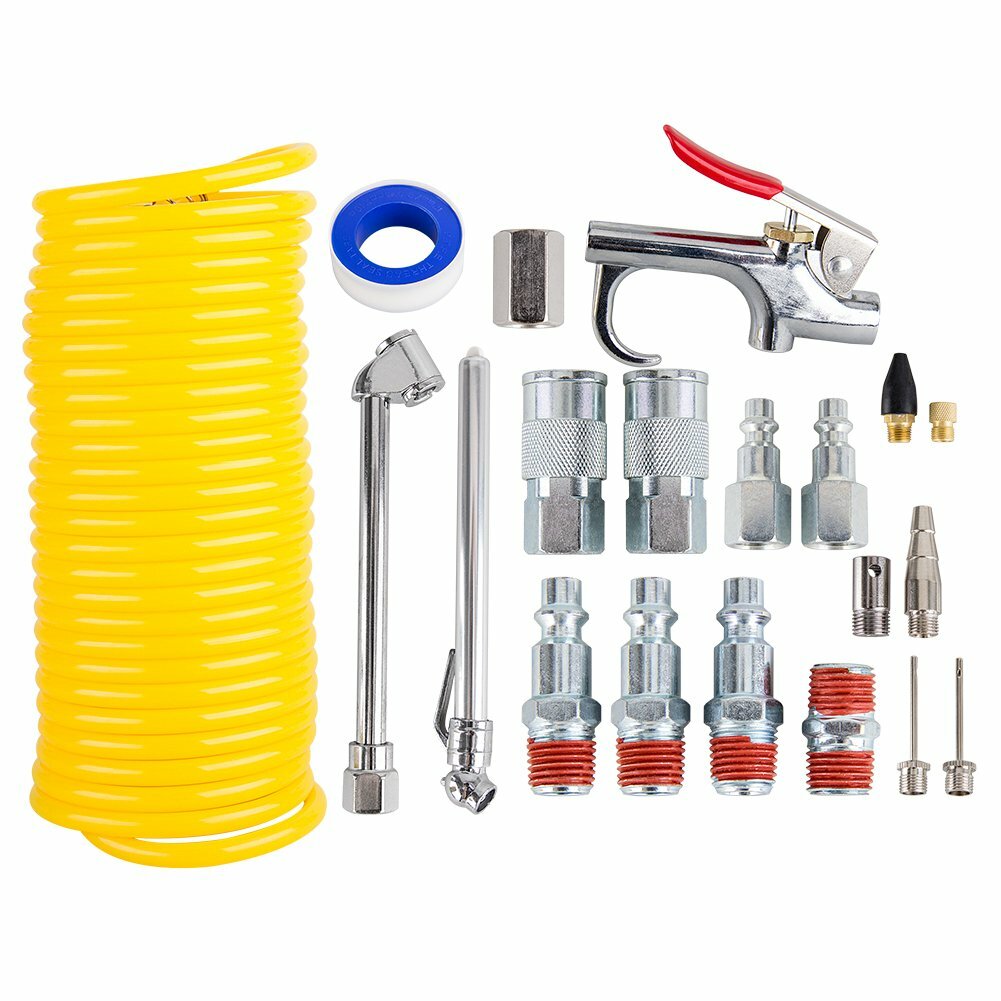 New 20pcs Air Compressor Accessory Kit 25Ft Recoil Hose Gun Nozzles Set 1/4" NPT