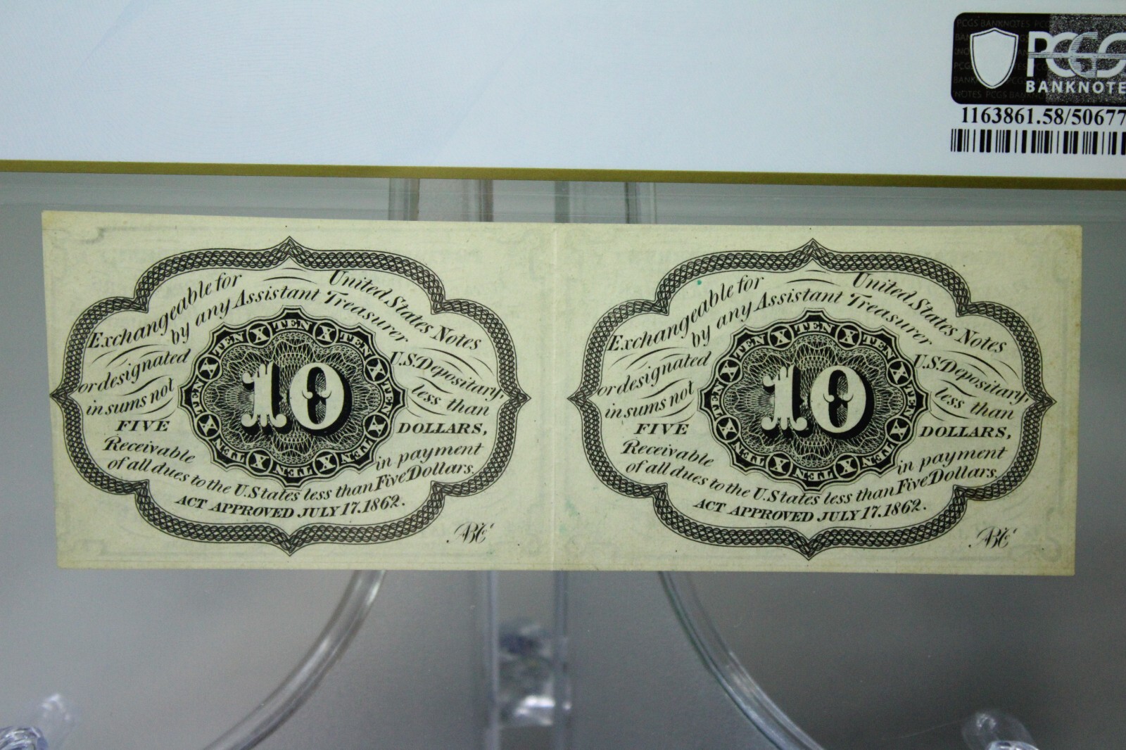1862 10C First Issue Fractional currency Uncut Pair Fr.1242 PCGS AU58 #7574