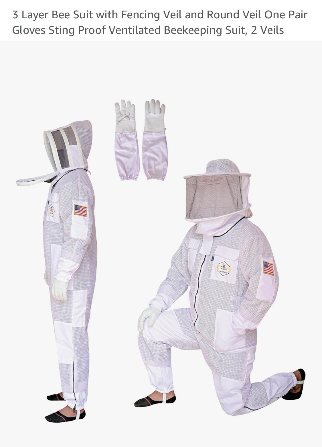3 Layer Bee Suit with Fencing Veil and Round Veil One Pair Gloves Medium White