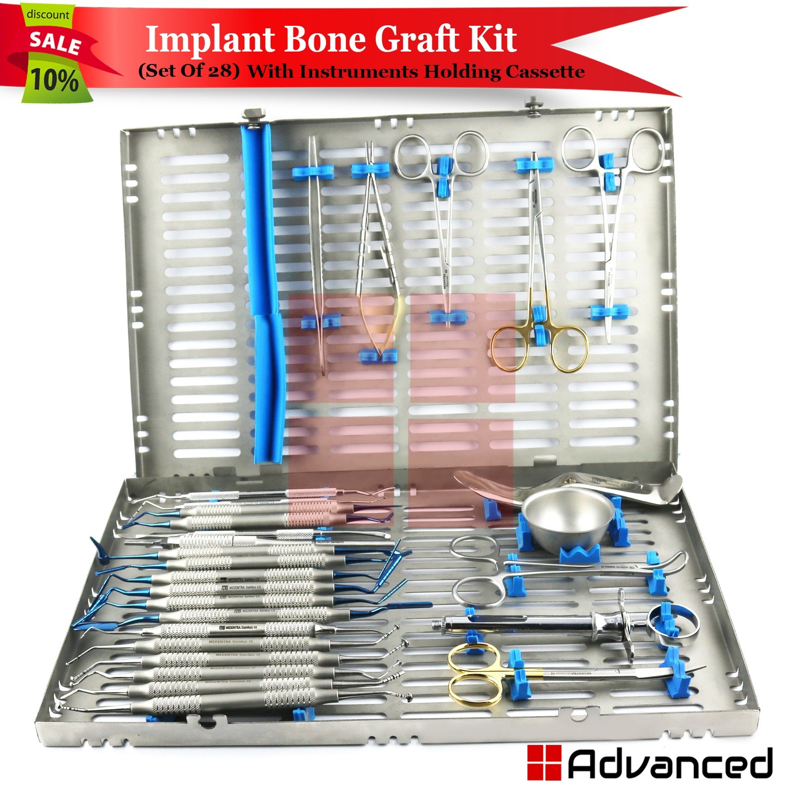28 Pcs Implant Bone Graft Surgery Kit Dental Surgical Instruments W/ CASSETTE