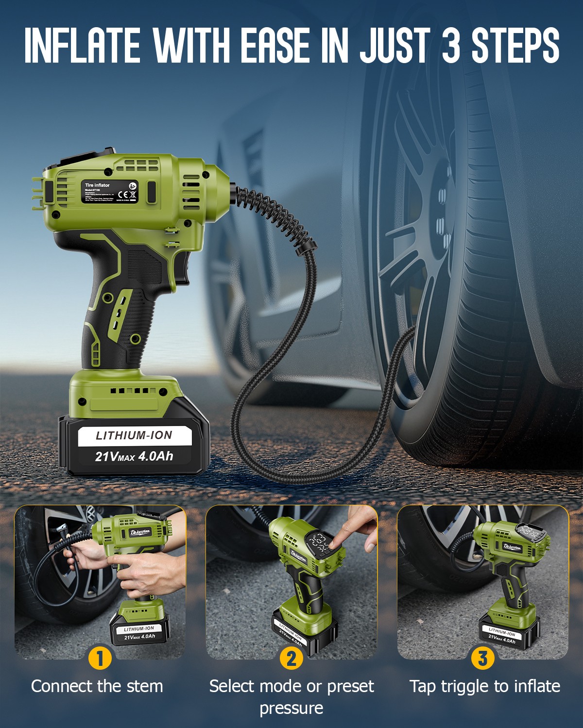 150PSI Cordless Tire Inflator Portable Air Compressor Car Air Tire Pump +Battery