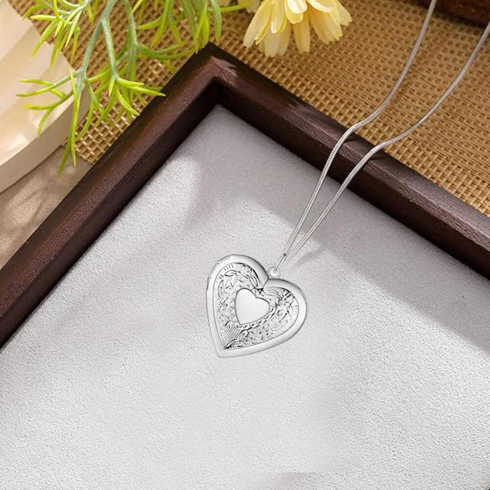925 Sterling Silver Plated Heart Necklace, Locket Photo Picture Pendant 18" N1