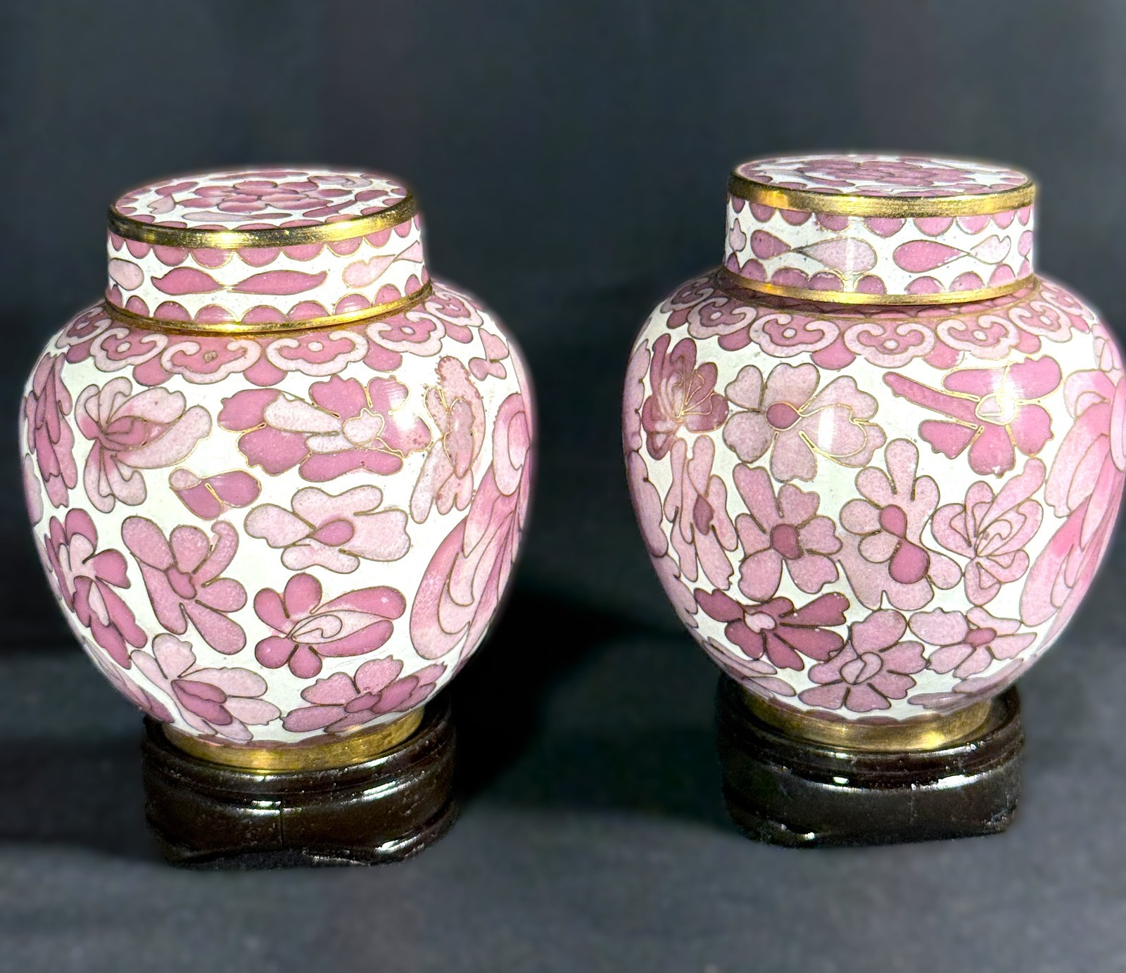 Vintage Cloisonné Mini Ginger Jar Pair Pink Floral w/ Lids Stands Box