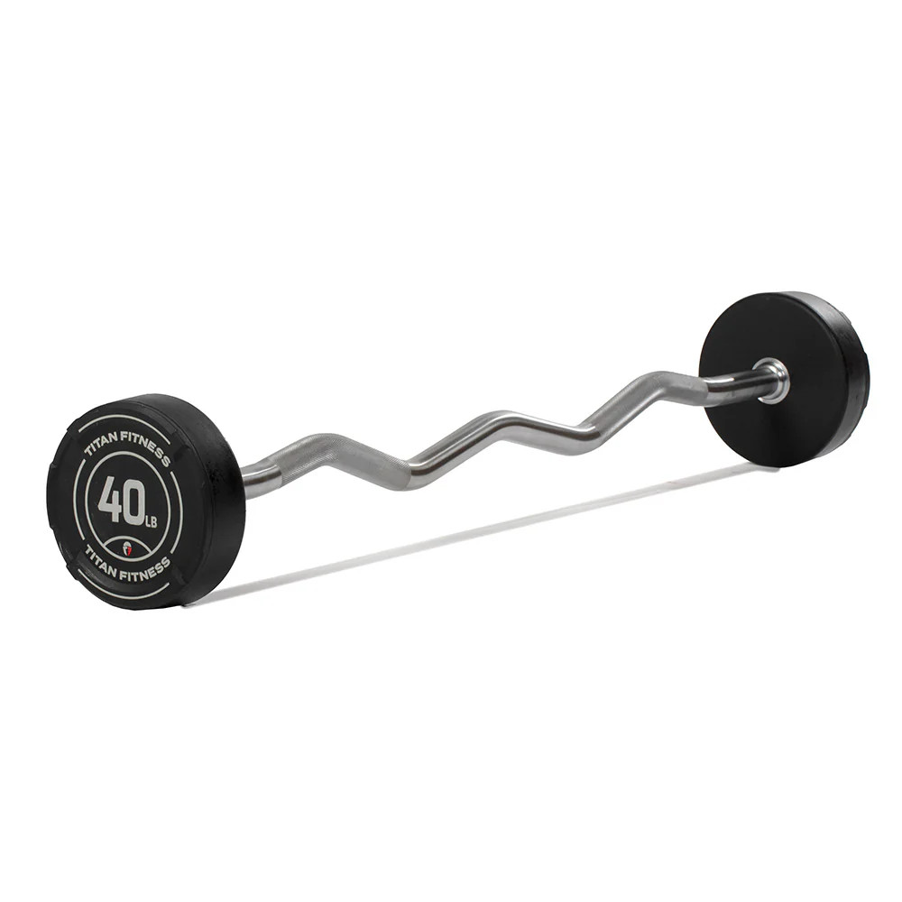 Titan Fitness 50 LB Rubber EZ Curl Fixed Barbell, Pre-Loaded Weight Bar