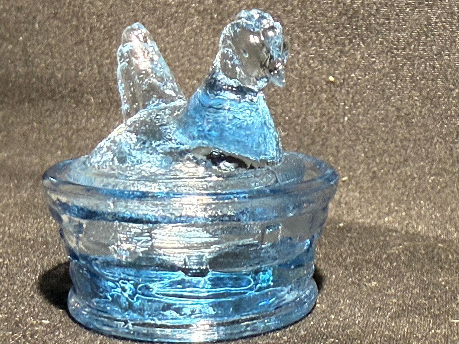 Blue Vaseline uranium glass Hen Chicken on nest basket eggs / salt cellar orange