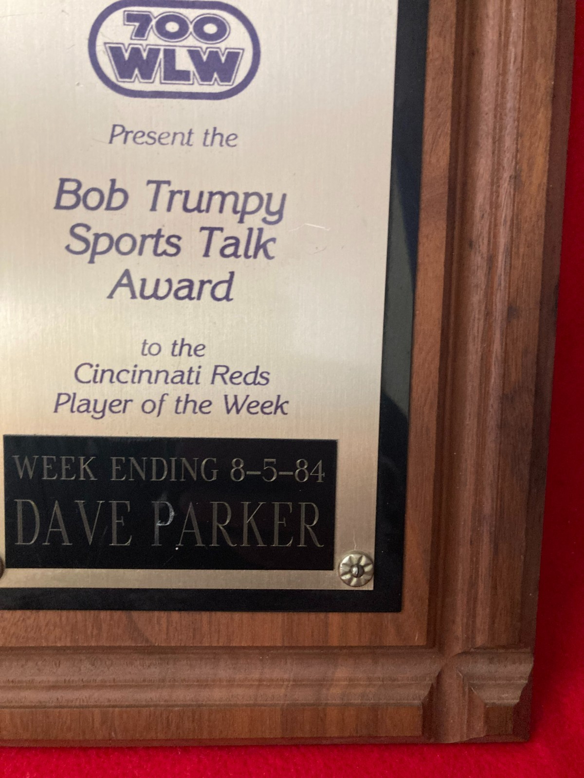 DAVE PARKER 700 WLW Bob Trumpy Player of the Week 1984 Personal Award Plaque HOF