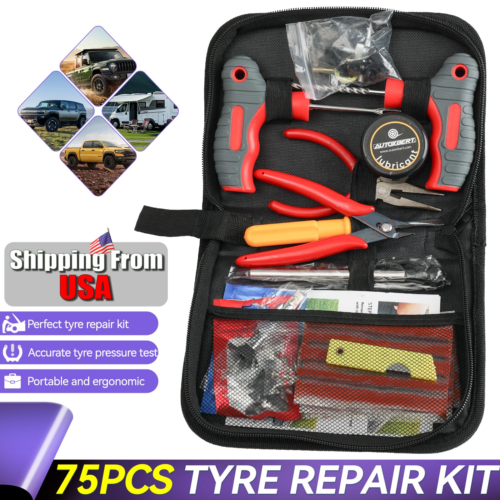 75PCS Tire-Puncture Repair Kit Heavy Duty Offroad Plugs For Tubeless Tire US