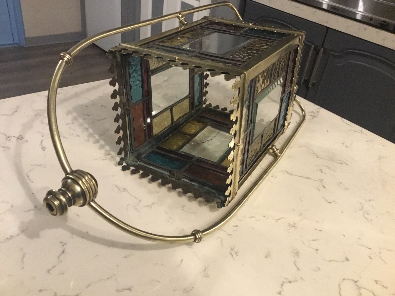 A BEAUTIFUL ANTIQUE BRASS & STAINED GLASS HALL LANTERN ,circa-1870.