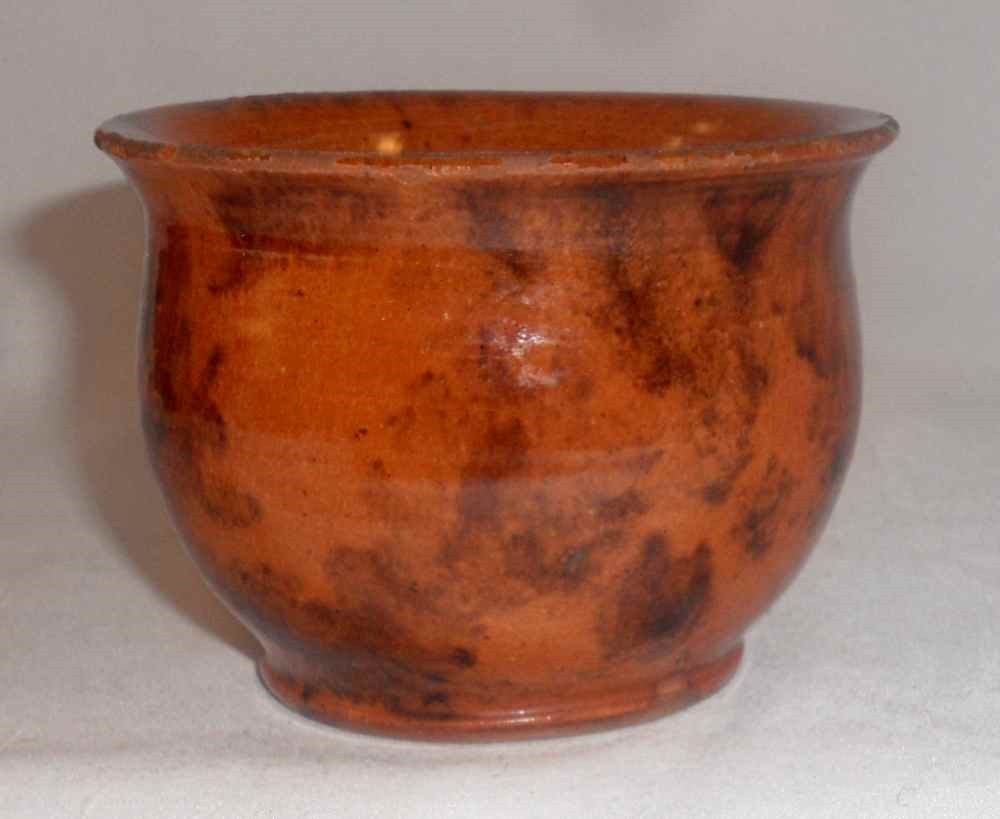 Old Lead Glazed Redware Cup Manganese Sponging Baluster Profile & Applied Handle