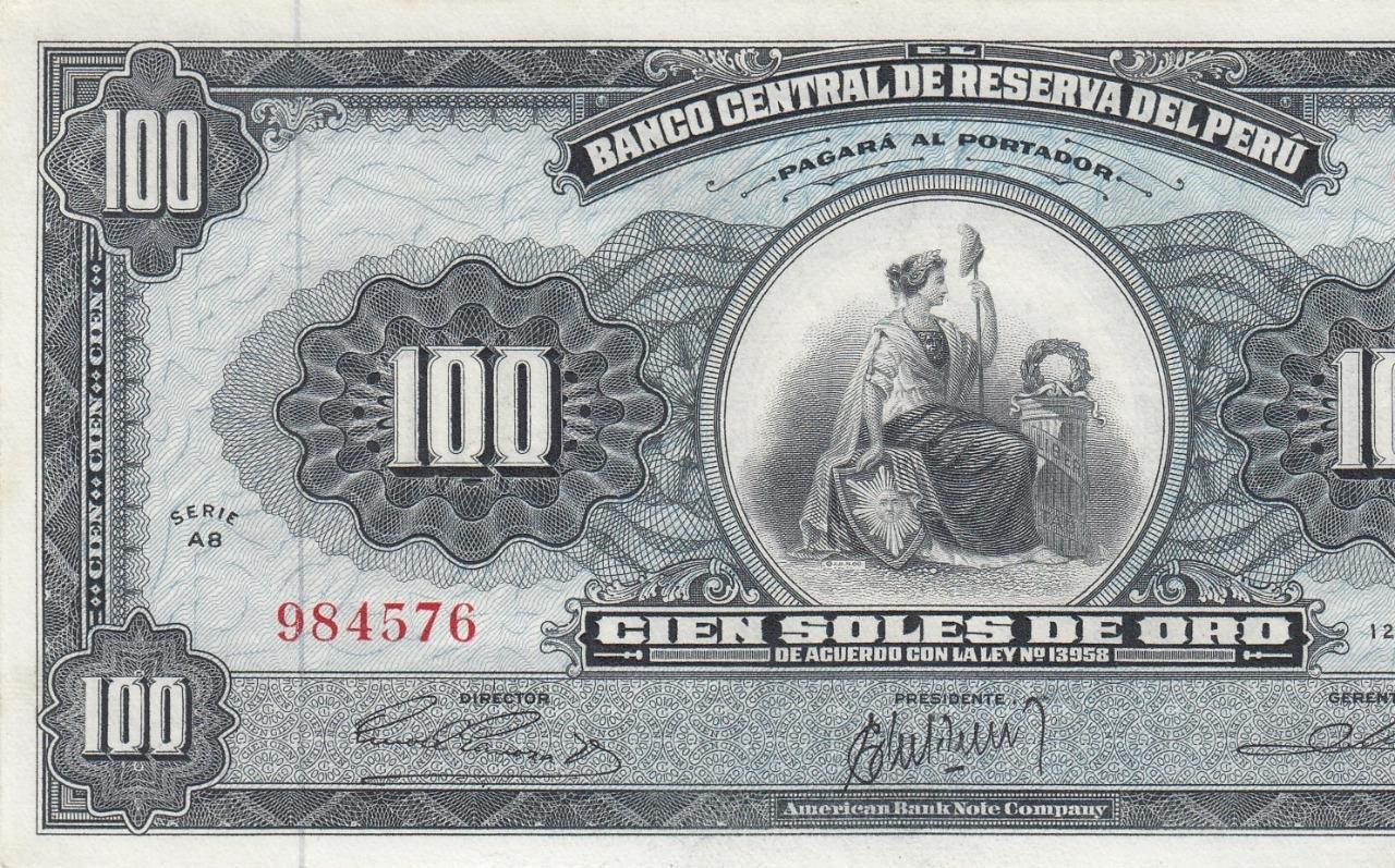 1962 PERU 100 SOLES ~Ladder S/No. **984576**~ "AB" ^RARE^ (( GEM UNC ))